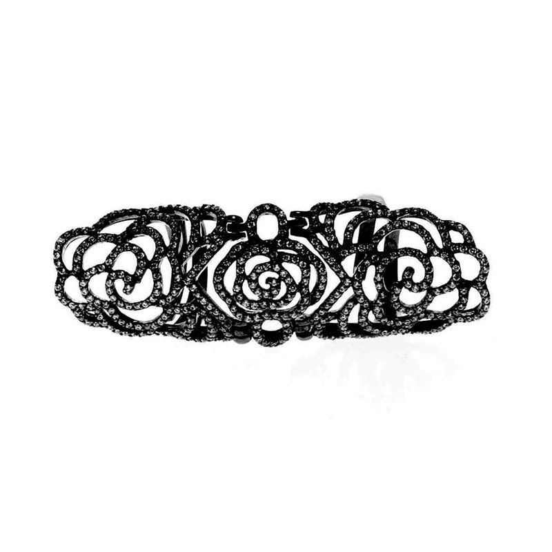 Bague Argent Articulée Pétales Pierre Noire