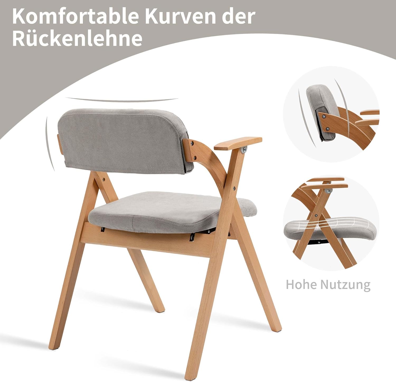 Holz-Faltstühle mit gepolsterten Kissen, Faltbare Esszimmerstühle mit abriebfestem Kunstleder, tragbar und vormontiert für Gäste, Küche, Büro, Hochzeit und Party, Grau