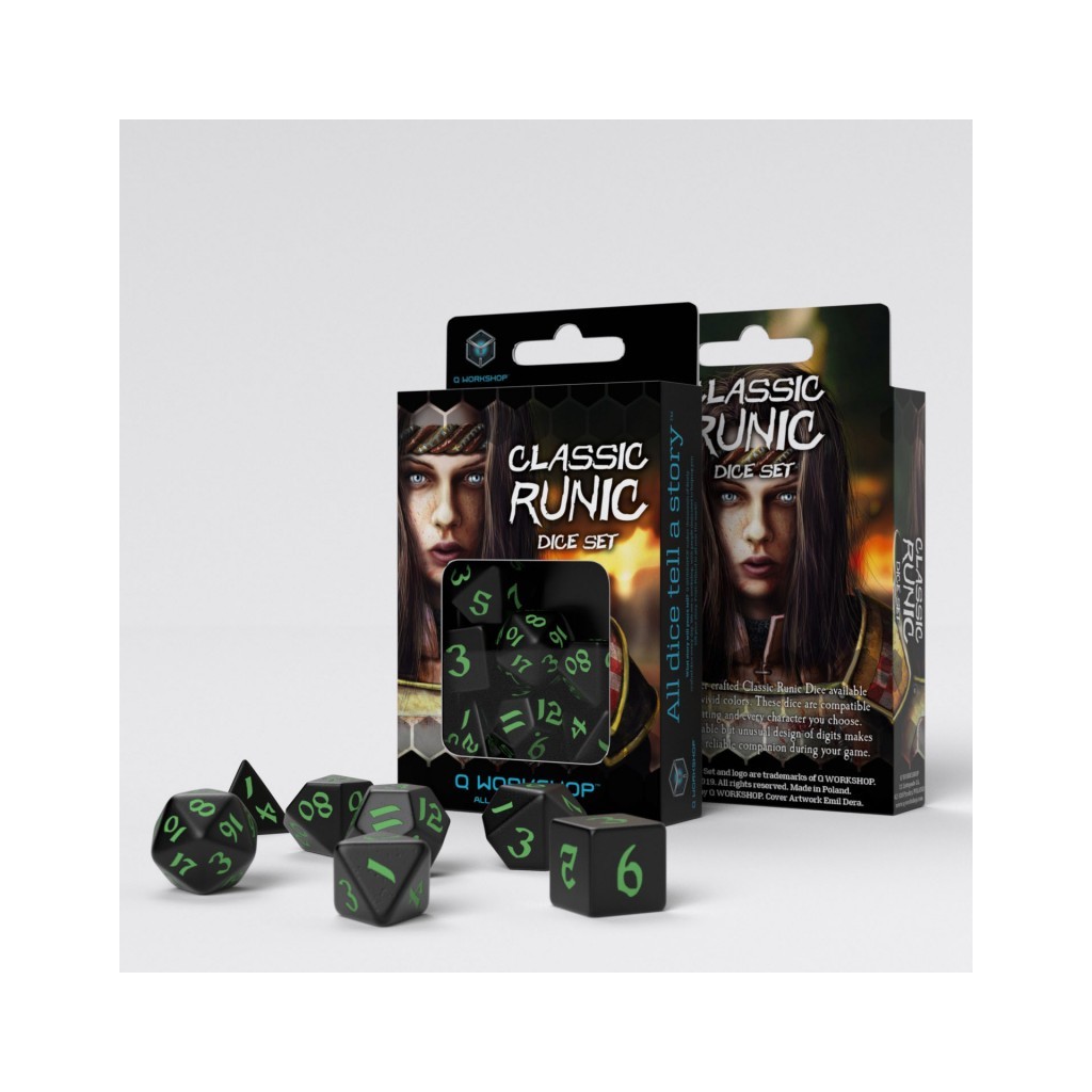 Classic Runic Black & green Dice Set (7)