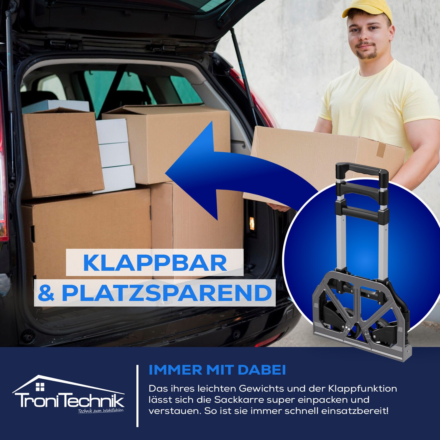 TroniTechnik® Sackkarre Handkarre klappbar, Transportkarre bis 80kg, Klappwagen - Vollgummireifen, höhenverstellbar
