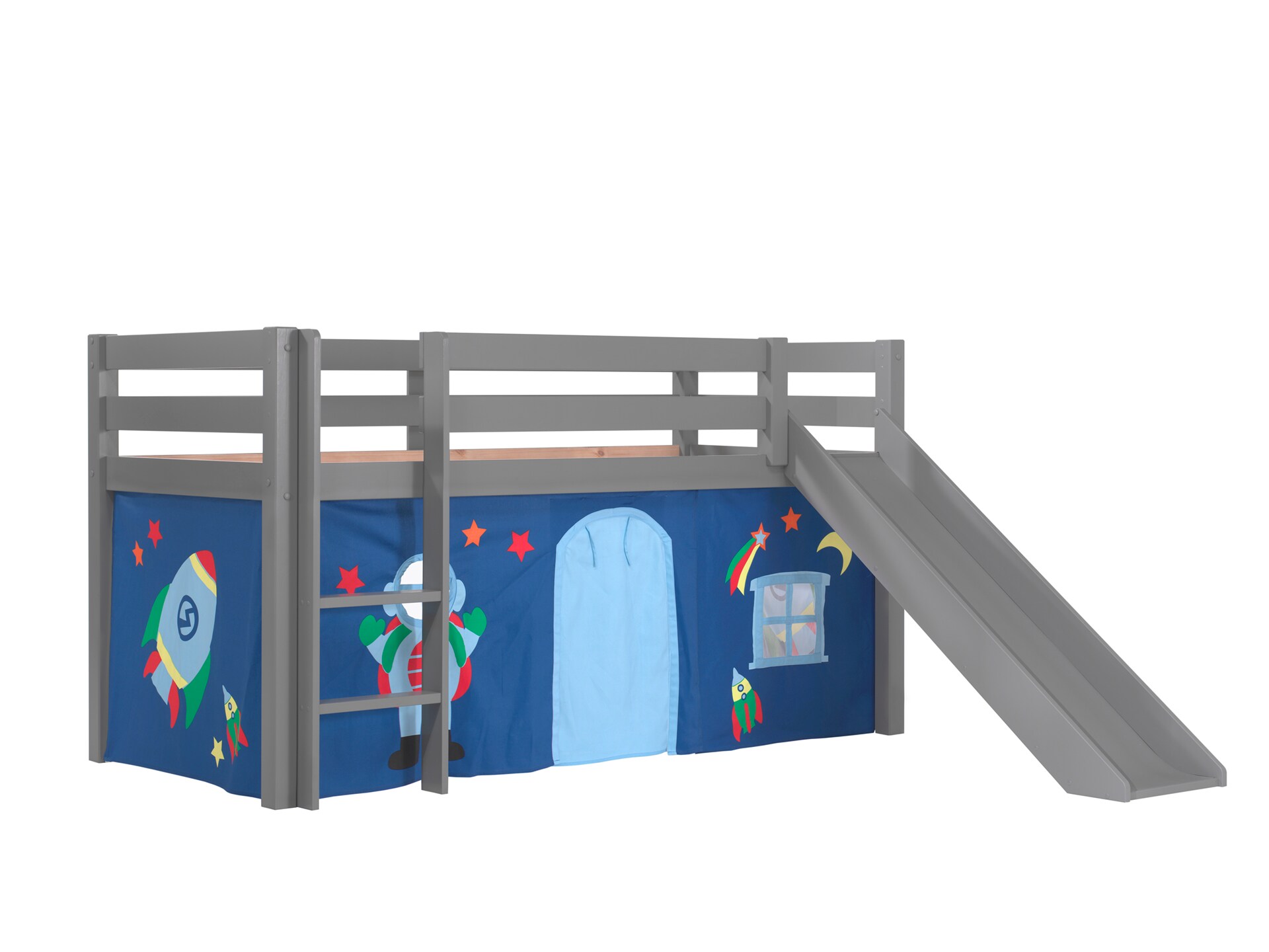 Spielbett Pino inkl. Rutsche mit Textilset Vorhang versch. Designs