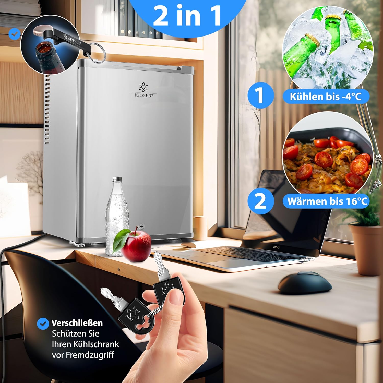 KESSER® Mini réfrigérateur avec Serrure, Mini Bar de 40 l, Silencieux, 22 DB, verrouillable, Chambre à Coucher, butée de Porte Amovible, env. 4 à 16 °C, Hauteur 57 cm, éclairage intérieur