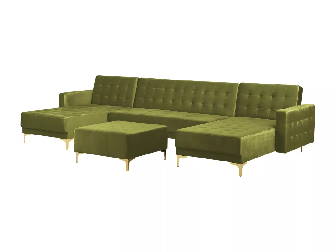 Canapé modulable 5 places en forme de U velours vert avec ottoman ABERDEEN