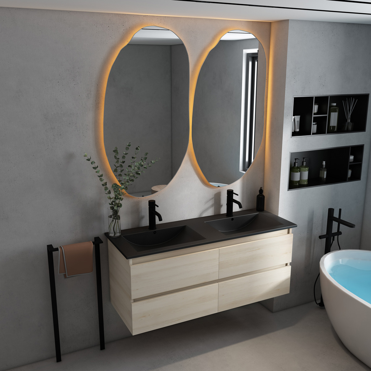 Fontana Rovigo badmeubel 120cm met zwarte wastafel met kraangaten beach eiken