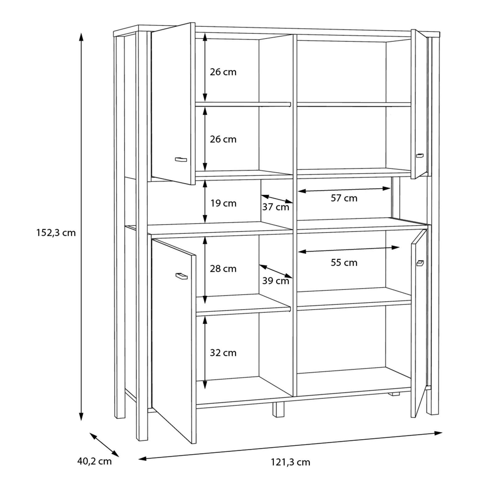 Highboard - Riviera Eiche - schwarz - 121,3 cm