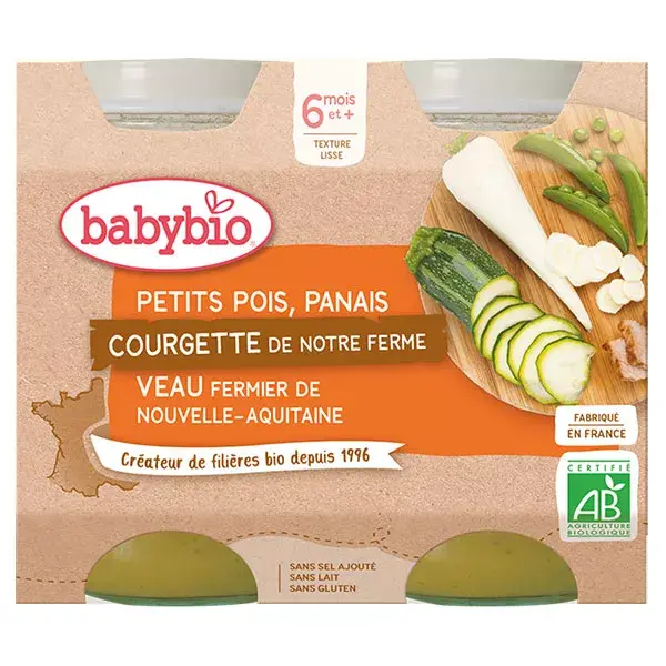 Babybio Repas Midi Pot Petits Pois Panais Courgette Veau +6m Bio 2 x 200g