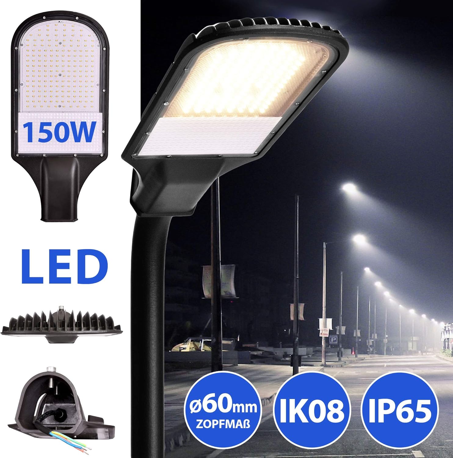 max K O M F O R T LED Straßenlampe Straßenleuchte 2er Pack Straßenlaterne Straßenbeleuchtung Parkplatzbeleuchtung Hochleuchte 150W 4000K neutralweiß IP65 13500lm
