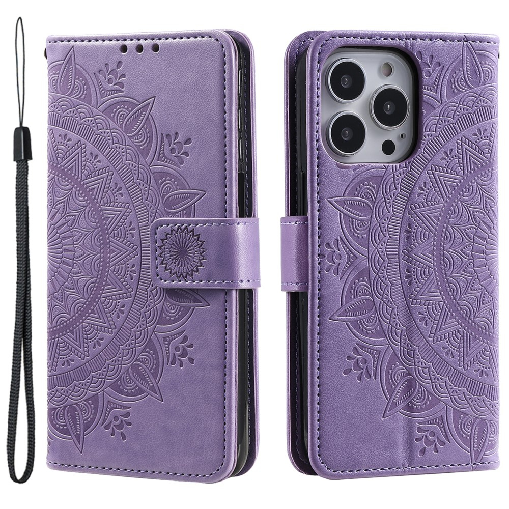 iPhone 15 Pro Max Leder Tasche Wallet - Mandala Flowers Imprint - Lila