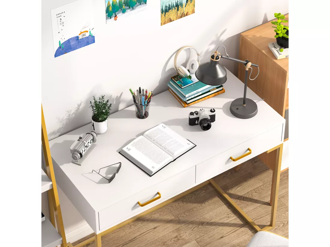 Tribesigns Bureau d'ordinateur, 100 cm Bureau avec Rangement, Table de Bureau, Simple et Moderne, Cadre en méta pour Bureau, Chambre, Blanc/Doré