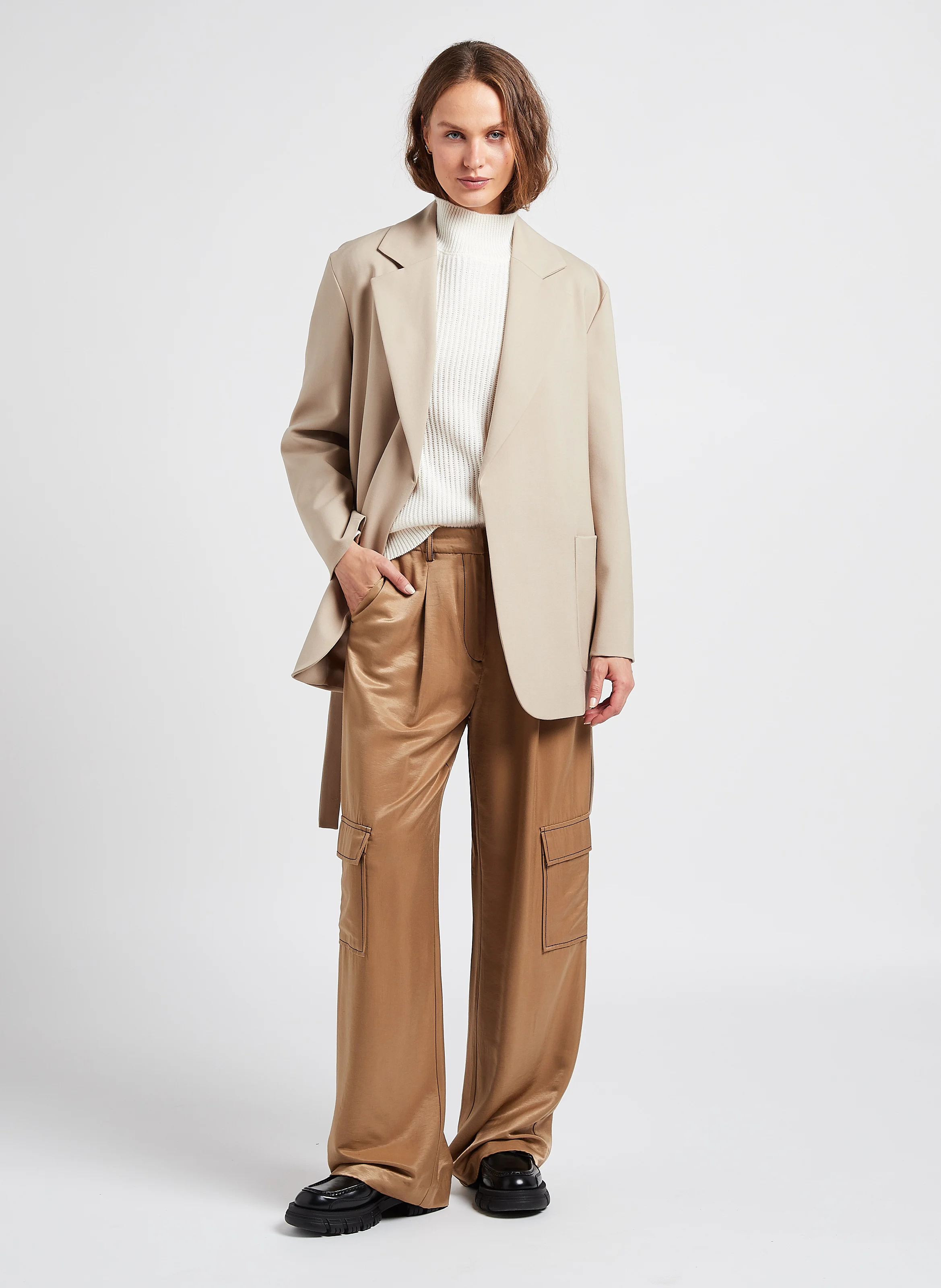 CILIE - Pantalon large satiné| Marron