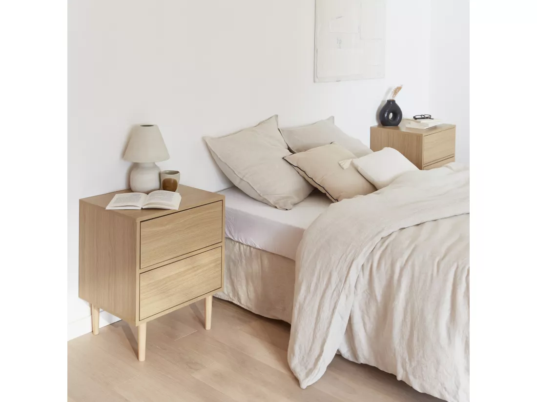 Lot de 2 tables de chevet décor bois naturel - Mika - 2 tiroirs - L 48 x l 40 x H 59cm