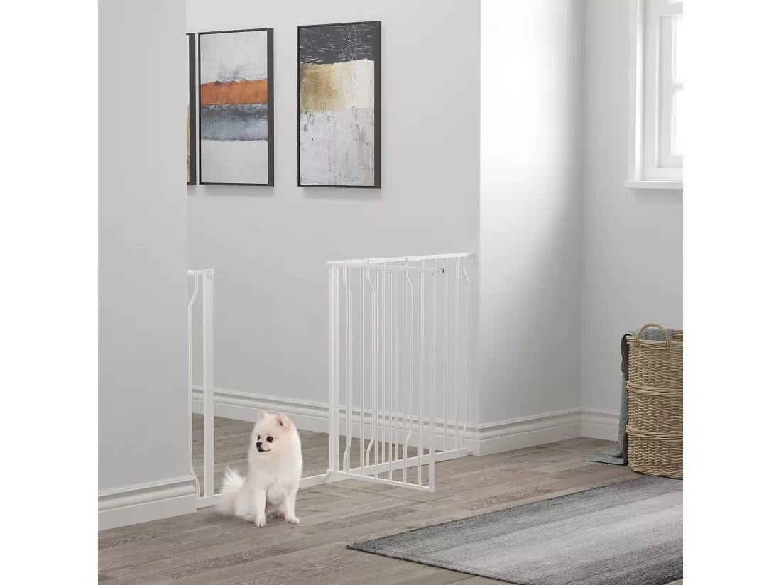 Barrière de sécurité animaux - longueur réglable dim. 75-145 cm - porte double verrouillage, ouverture double sens -sans perçage - acier ABS blanc