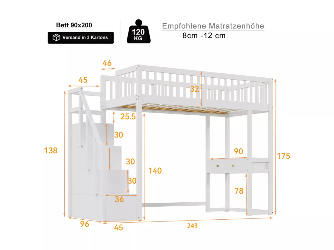 Lit mezzanine 90 x 200 cm avec avec bureau & 6 tiroirs - bois MDF - blanc (sans matelas)