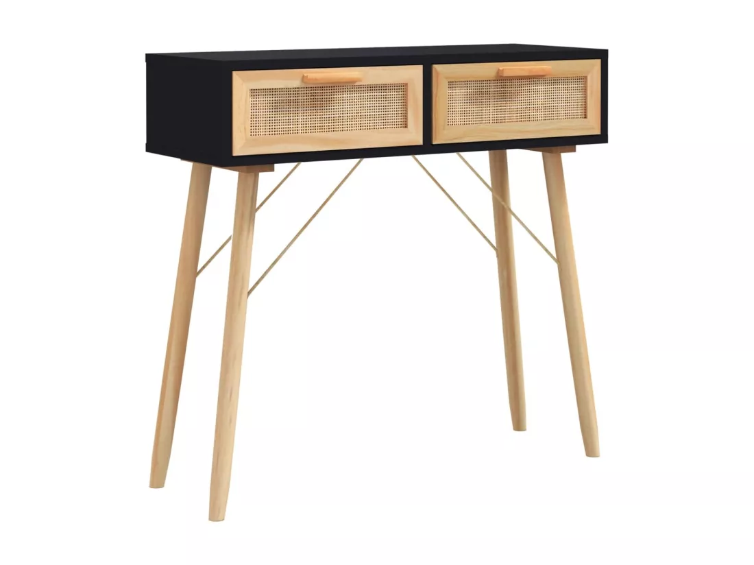 Table console Noir 80x30x75 cm Bois massif pin /rotin naturel