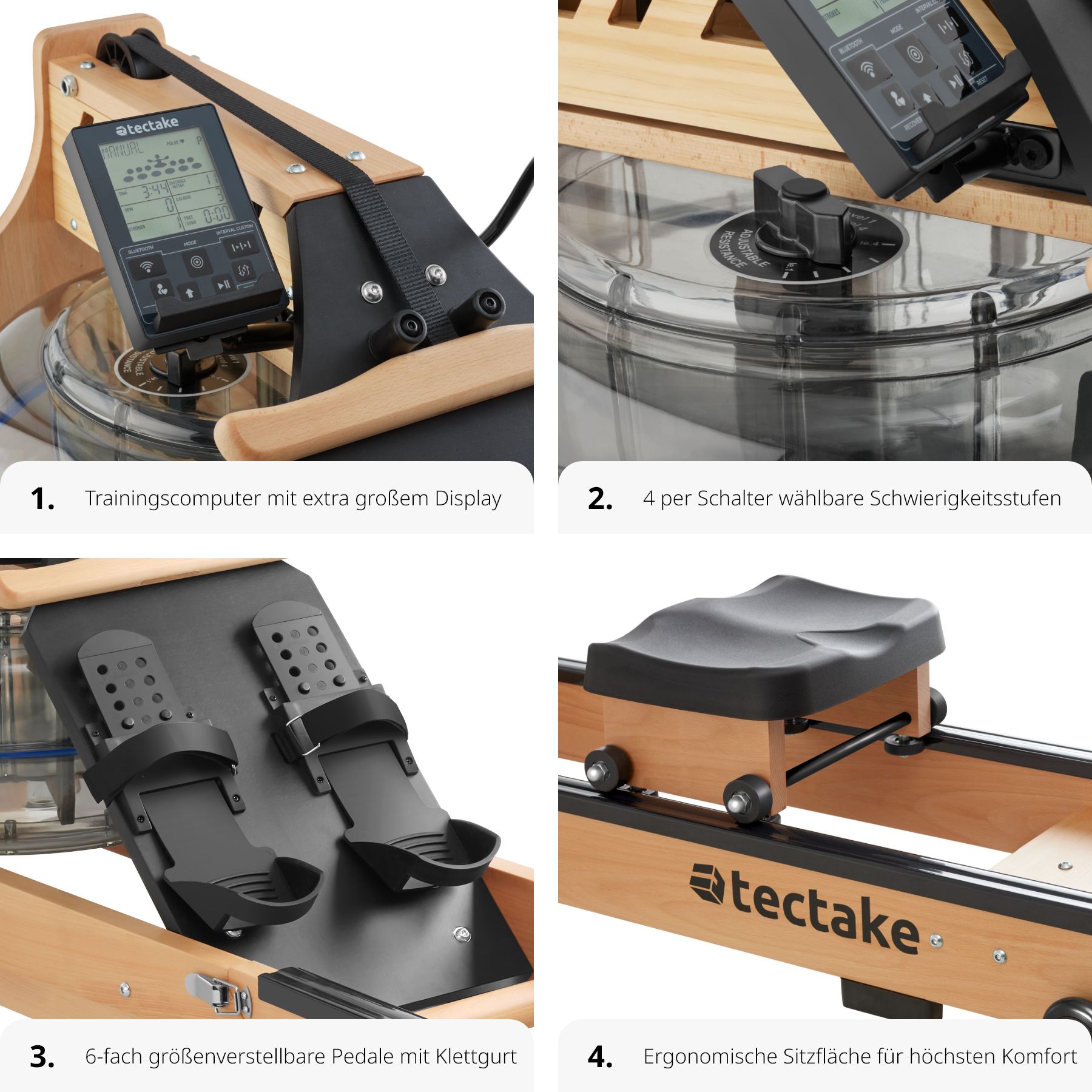 tectake® Holzrudergerät, aus massiver Buche, klappbar, Belastbarkeit 150 kg, inkl. Tablethalterung sowie Trainingscomputer mit Bluetooth und Brustgurt
