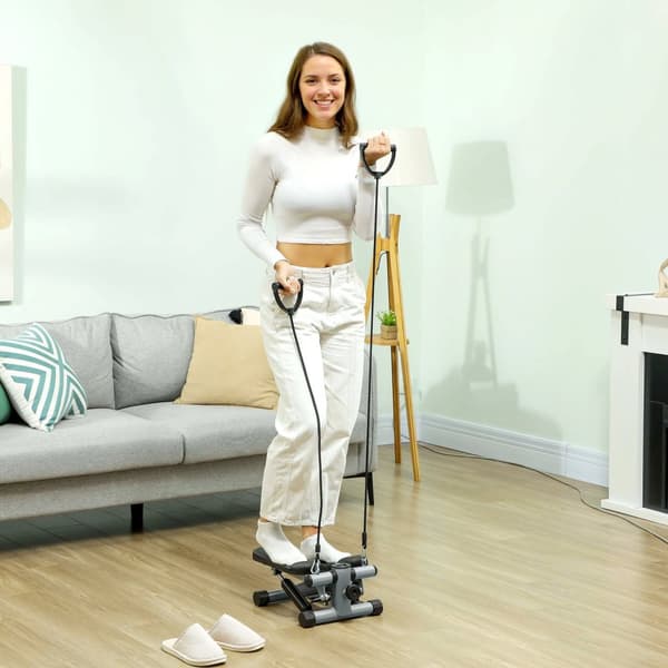 2 i 1 mini stepper for hjemmet med krafttau, opp-ned sving-stepper med LCD-skjerm, stepper hjemmetrener opptil 100 kg for bein-/armtrening, hjemmekont