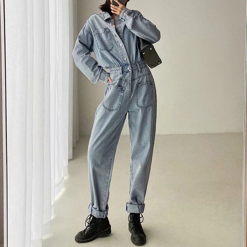 Reknovine - Denim jumpsuit met lange mouwen en riem