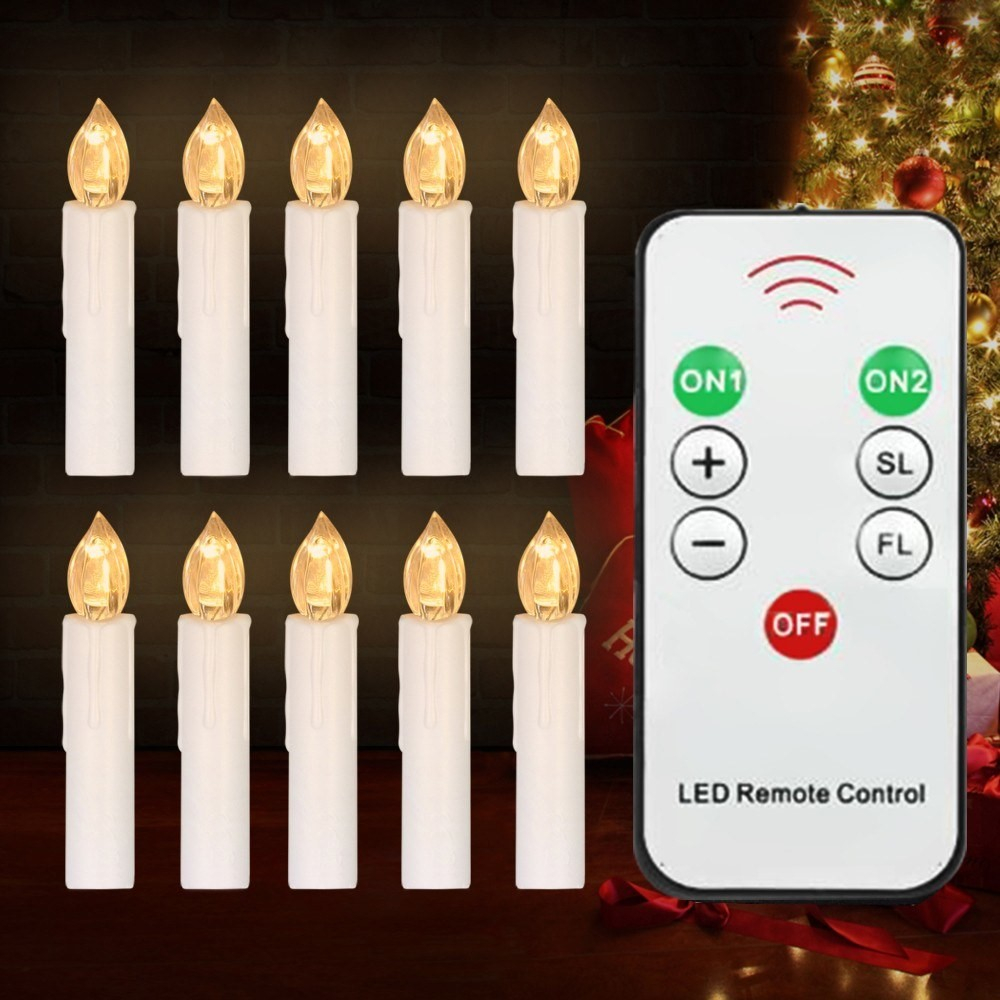 (10er Set) 10cm LED Weihnachtsbaum Kerzen Christbaum Beleuchtung inkl. Fernbedienung (Batteriebetrieben) - Warmweiss