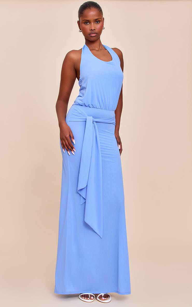 Bleu Vif Robe Longue En Mousseline Double Épaisseur Col Licou Avec Découpe