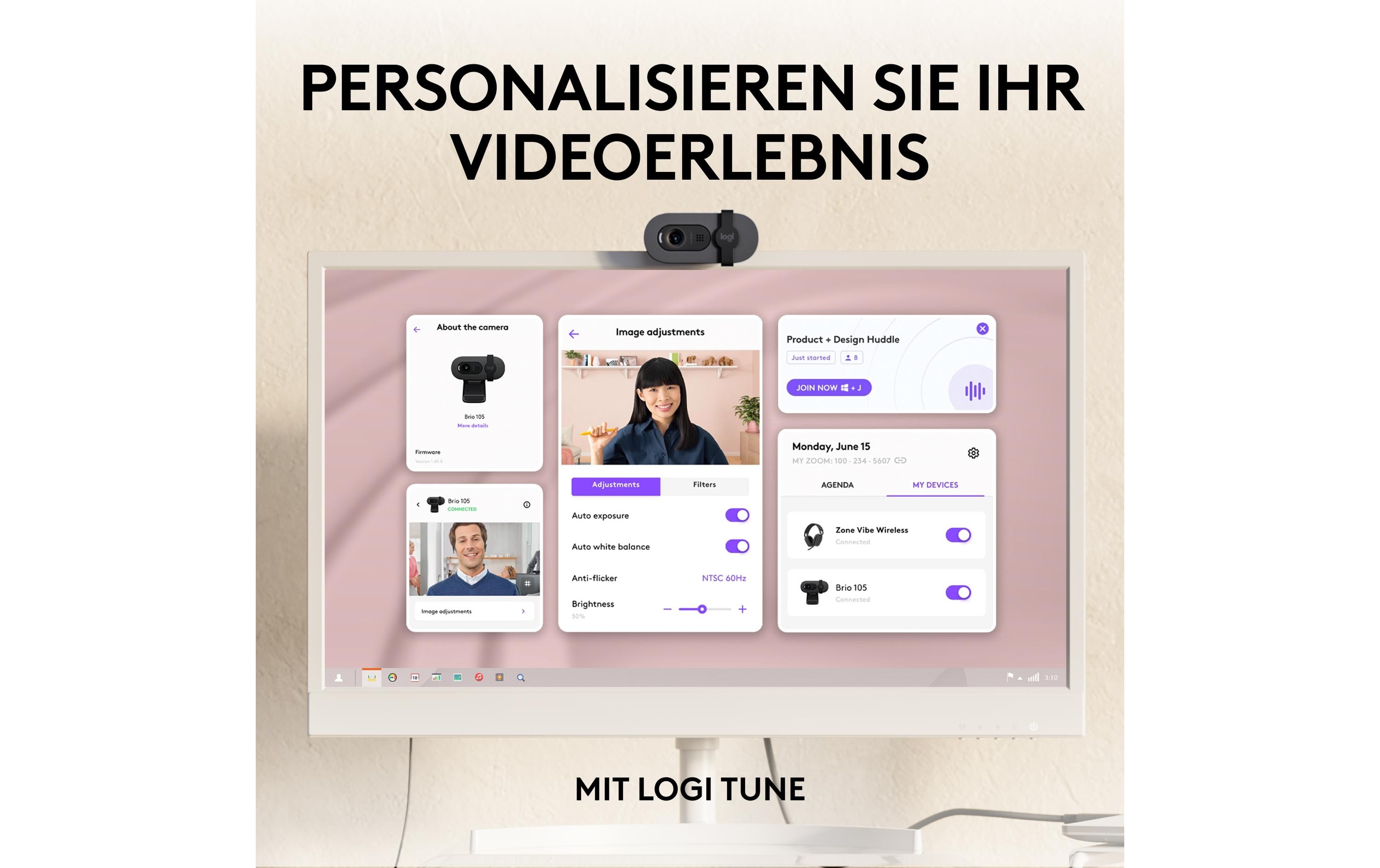 Webcam Brio 105 Full HD 1080p 30 fpsEine Full HD-Business-Webcam mit 1080p, automatischem Lichtausgleich und integrierter Abdeckblende