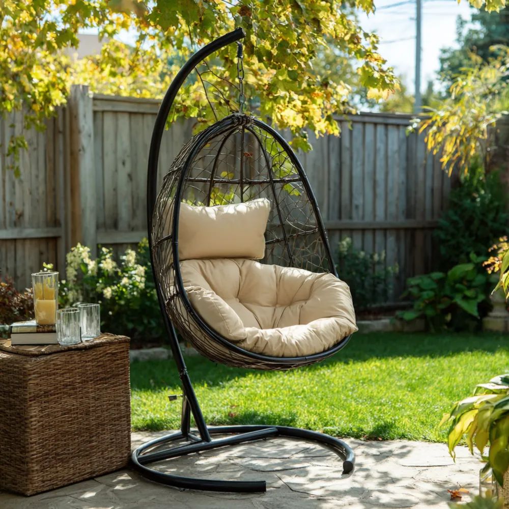 Hängesessel Polyrattan 200x60x45 cm Beige – Outdoor Gartenschaukel