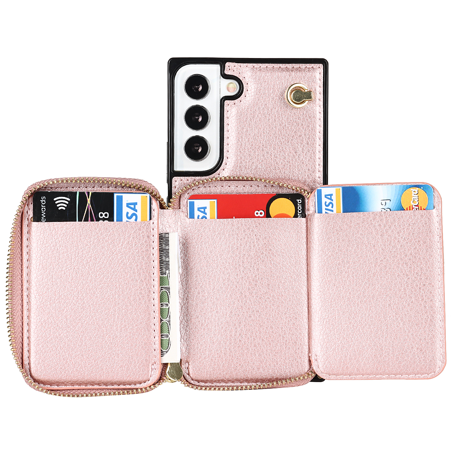 Samsung Galaxy S22 5G Necklace Leder Schutz Hülle mit Kartenfächer   Handykette (140cm) - Roségold
