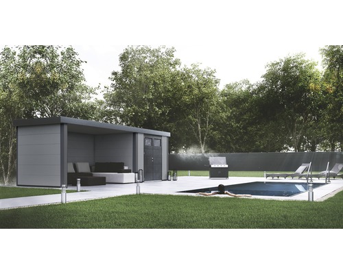 Tuinhuis Classico 3024 incl. regengoot met zijdak, achterwand en zijwand links 602 x 258 cm lichtgrijs