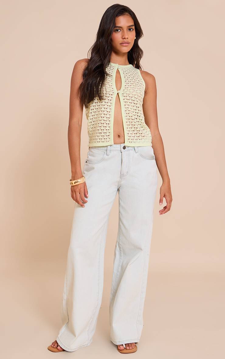 Citron Vert Gilet Sans Manches En Maille Crochet Ajouré Avec Boutons Perlés