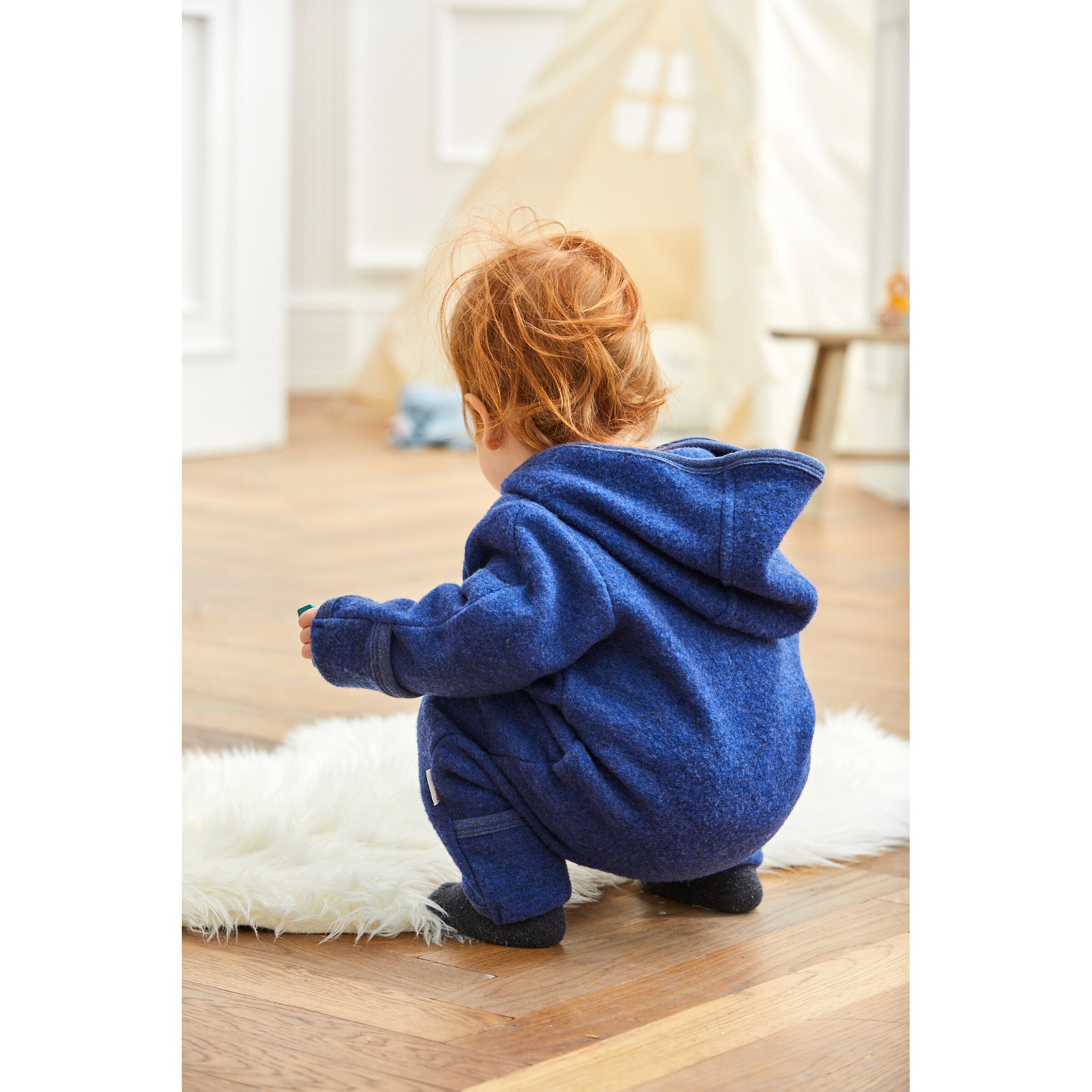 Bornino Wollfleece-Overall mit Klappbündchen aus Merinowolle blau