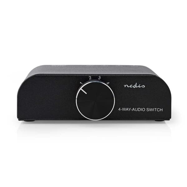 Analog Audio Switch | 4-Port port(s) | Koblingsinngang: 1x 3.5 mm Lyd inngang / 3x (2x RCA Hunn) | Koblingsutgang: 1x (2x RCA Hunn) | Manuell | Metall
