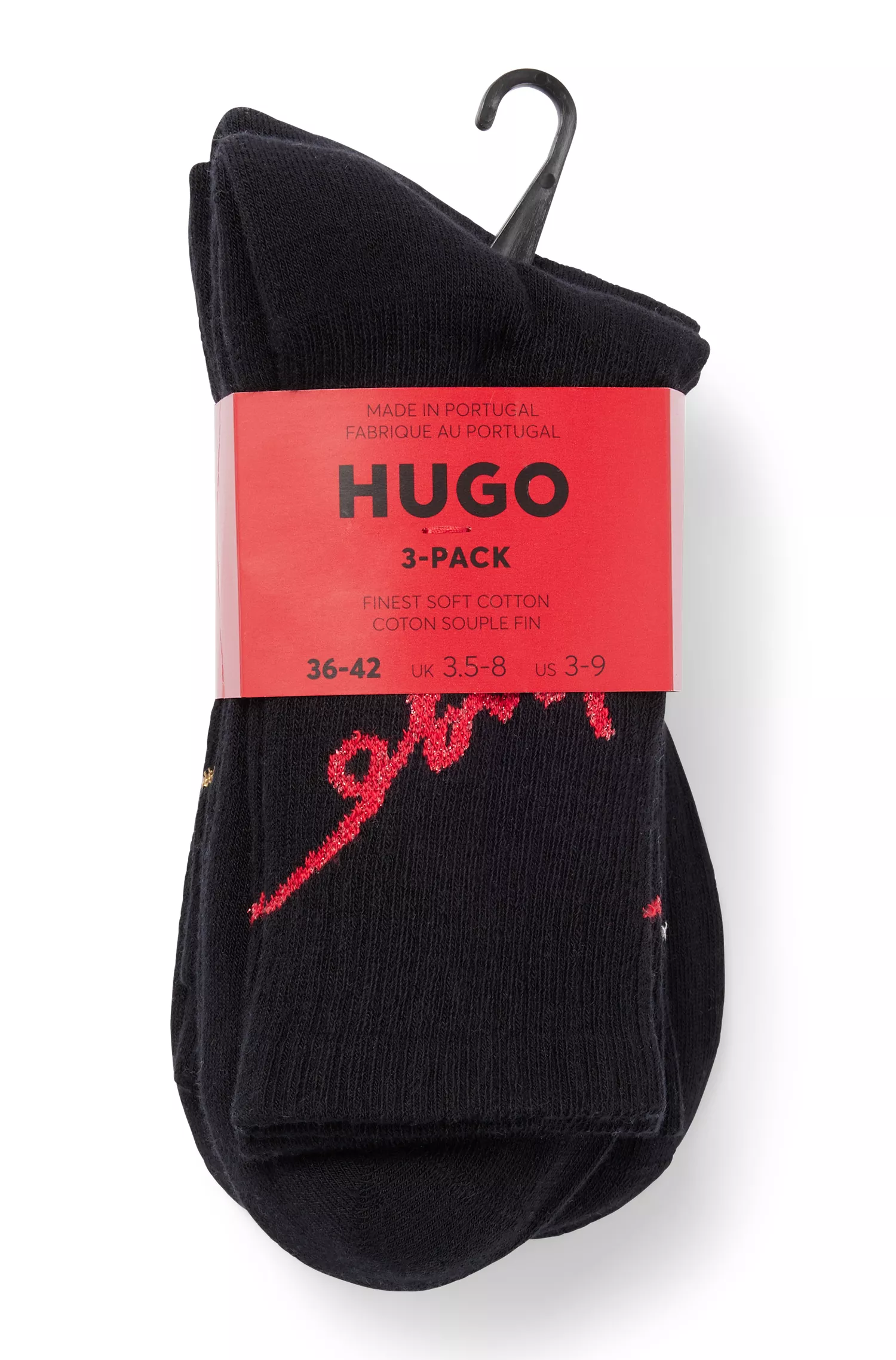 HUGO Vermelho - Pacote com três pares de meias cano curto com logotipos escritos à mão.