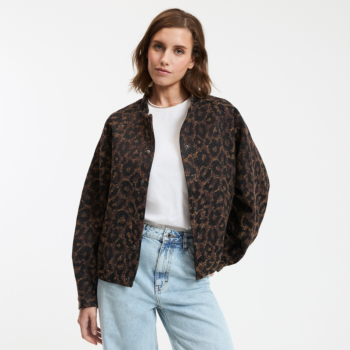 COLEÇÕES LA REDOUTE<br>Jaqueta bomber curta, corte oversized, jacquard de leopardo