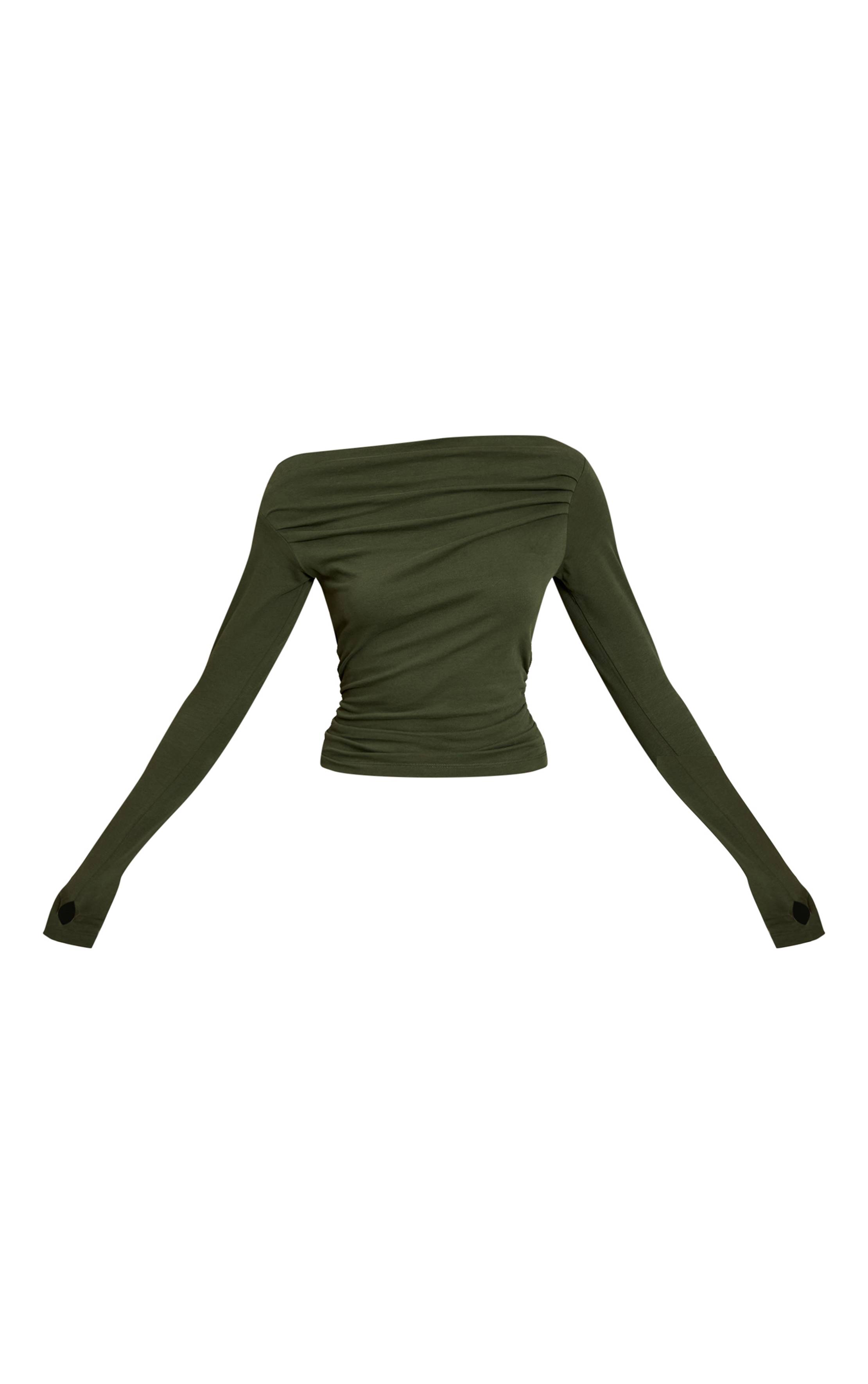 Dark Khaki Haut Asymétrique Froncé À Manches Longues En Coton Doux