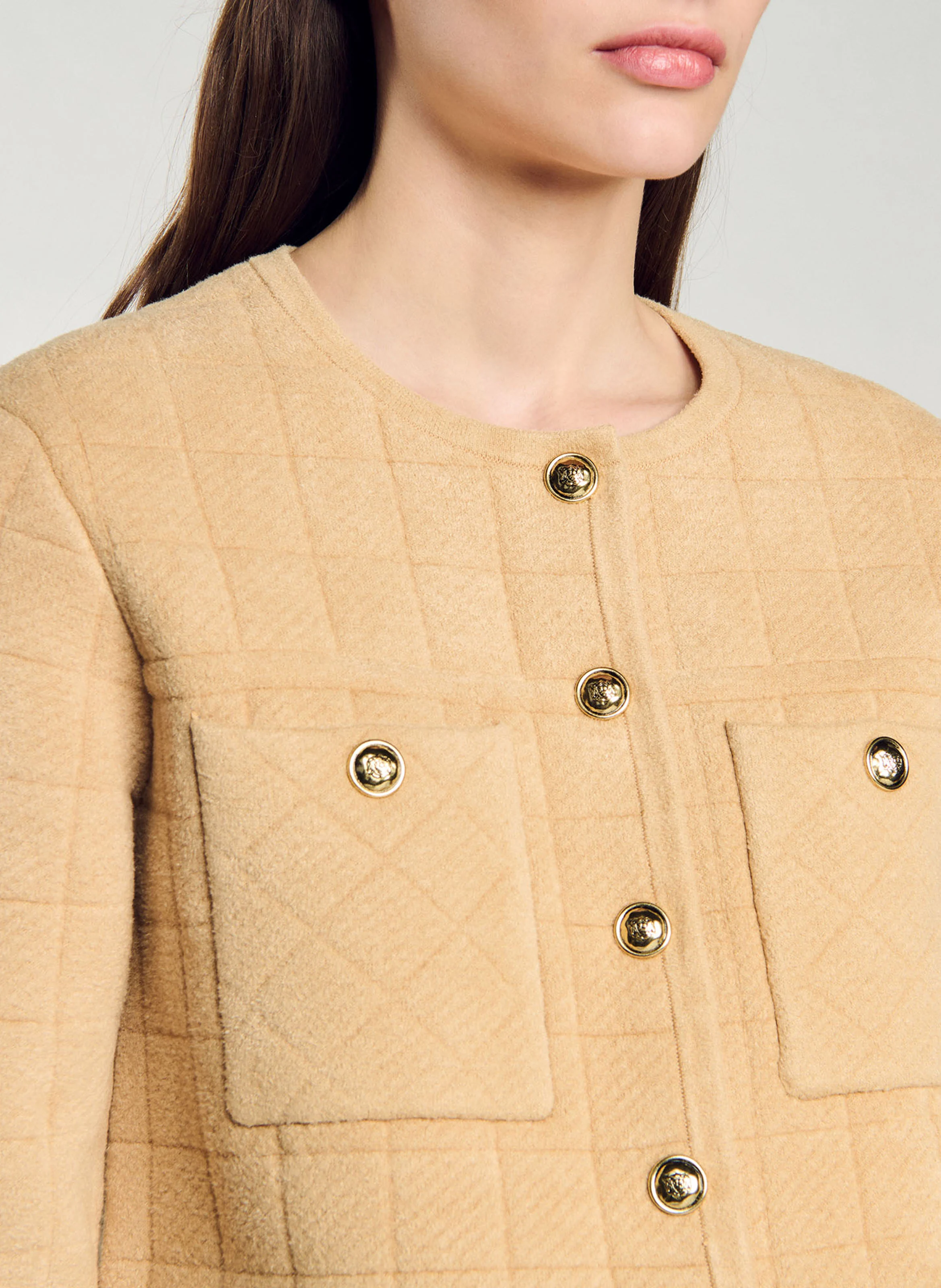 Veste col rond droite en maille | Marron