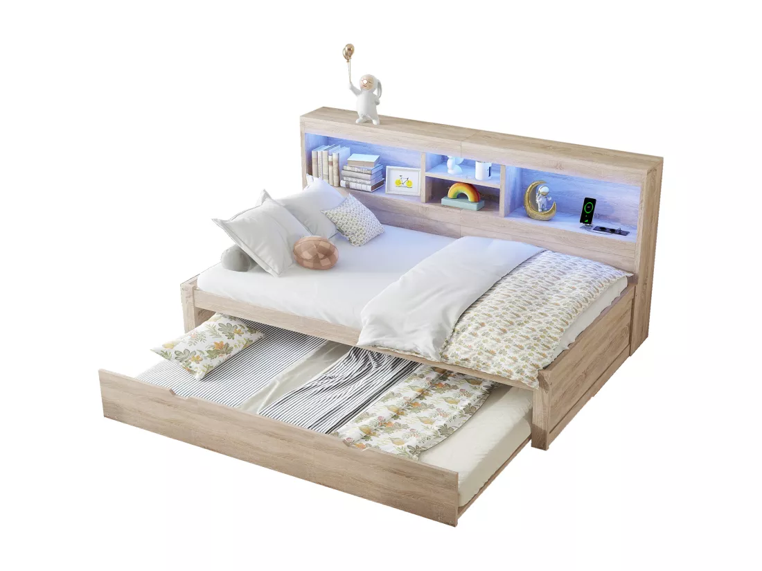 Lit banquette 90x200cm avec un lit gigogne 90x190cm - chevet de rangment avec LED et prises - Natruel