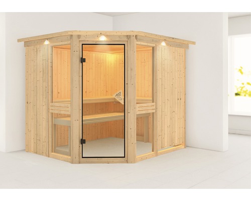 Karibu Omelia 3 modulaire sauna zonder oven, met dakkroon en gebronsde volledig glazen deur