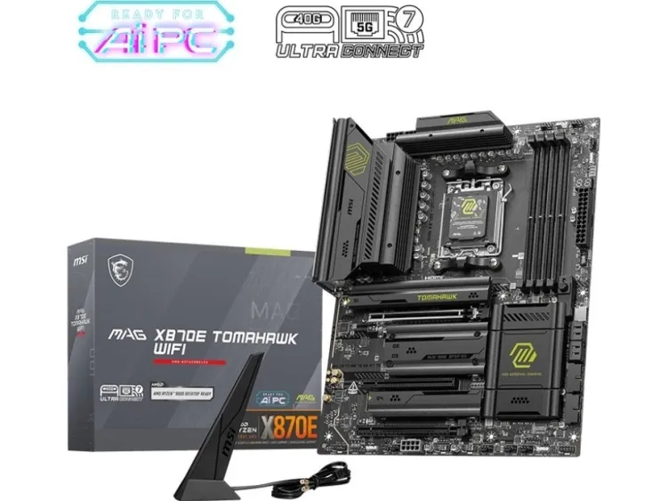 MSI MAG X870E TOMAHAWK WIFI - Bundkort - ATX - Socket AM5 - AMD X870E Chipset - USB-C 3.2 Gen 2x2, USB-C 3.2 Gen2, USB 3.2 Gen 2, USB 3.2 Gen 1, USB4 - 5 Gigabit Ethernet, Wi-Fi 7 - onboard grafik (CPU påkrævet) - HD Audio (8-kanaler)