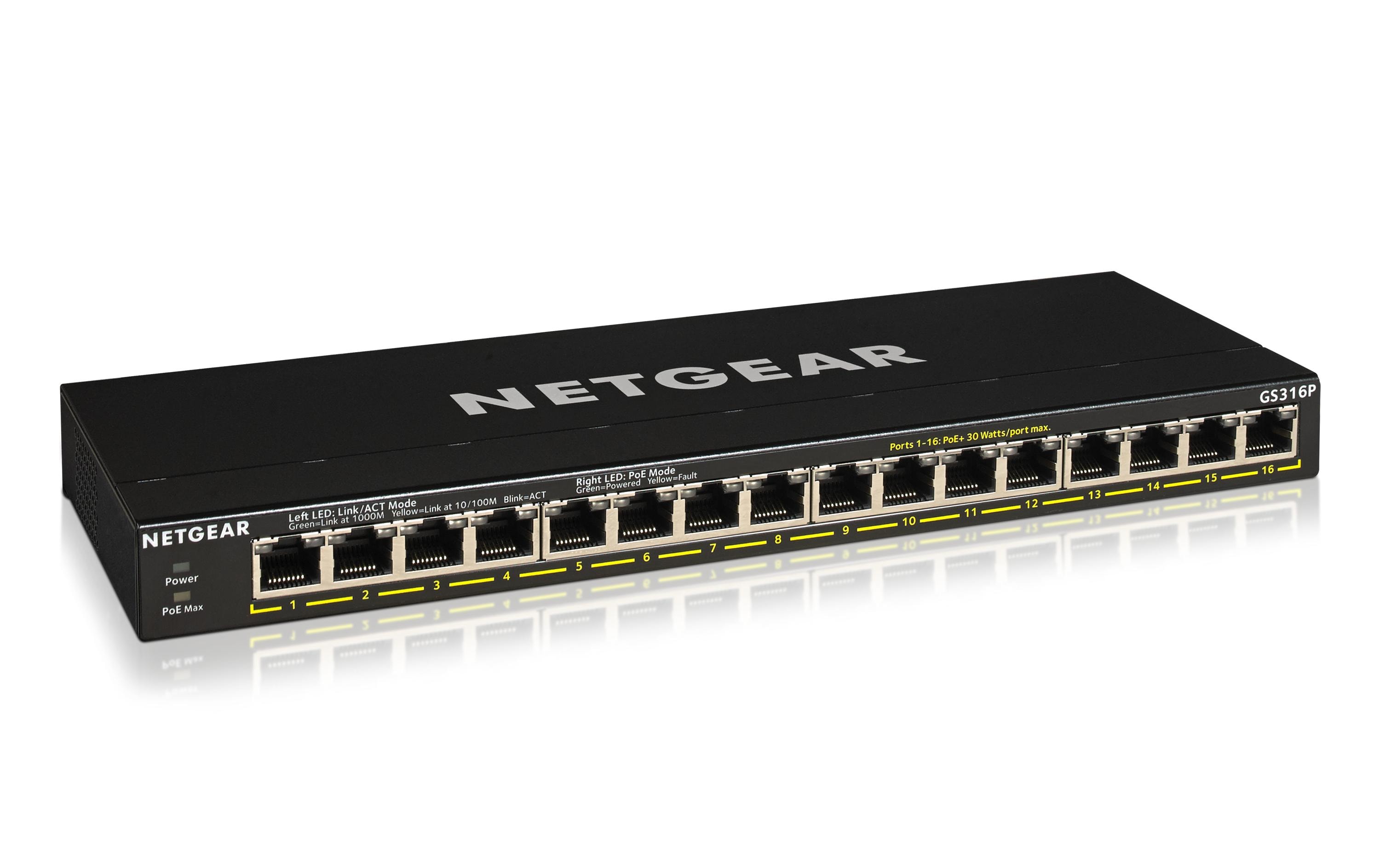 PoE+ Switch GS316P-100EUS 16 Port<br>Unmanaged Gigabit-Ethernet-PoE+-Switch mit 16 Ports und FlexPoE (115W)