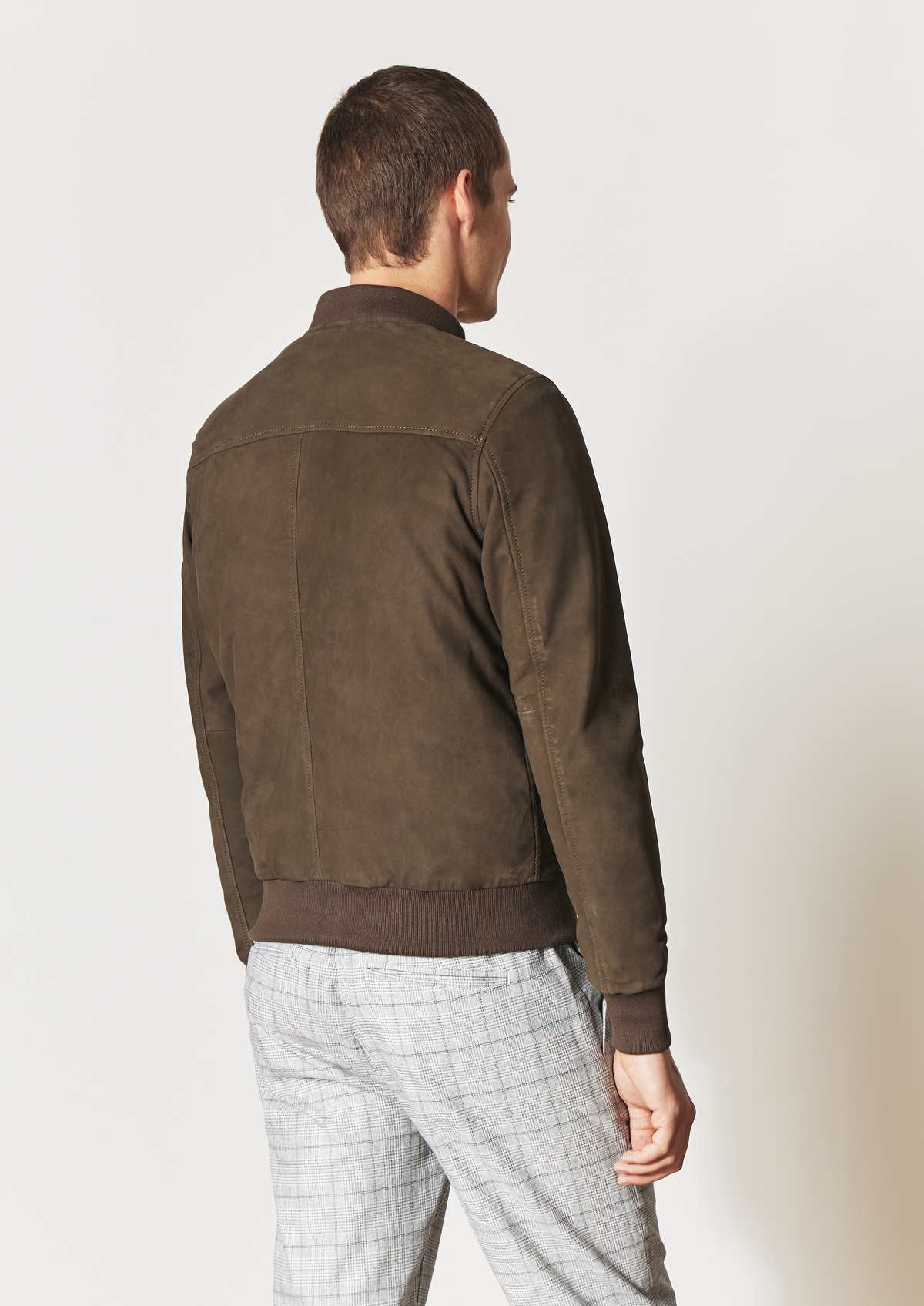 Blouson Teddy en cuir nubuck uni kaki