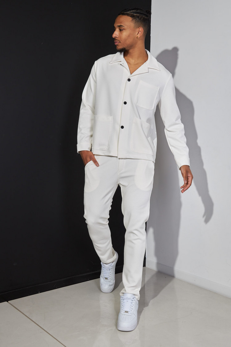 Ensemble 2 pièces chemise + pantalon blanc texturé