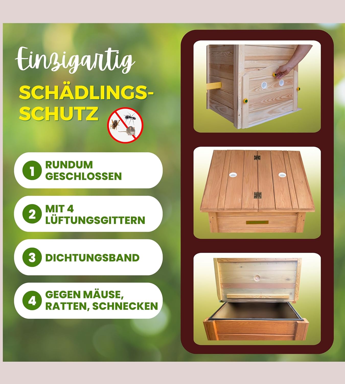 Holz Komposter Rattensicher mit Deckel, Schädlingsschutz, Durchlüftungsgitter und Boden, Gleit-Technik Kompostieren ohne üblen Gerüche, kein Umsetzen mehr, 340 L