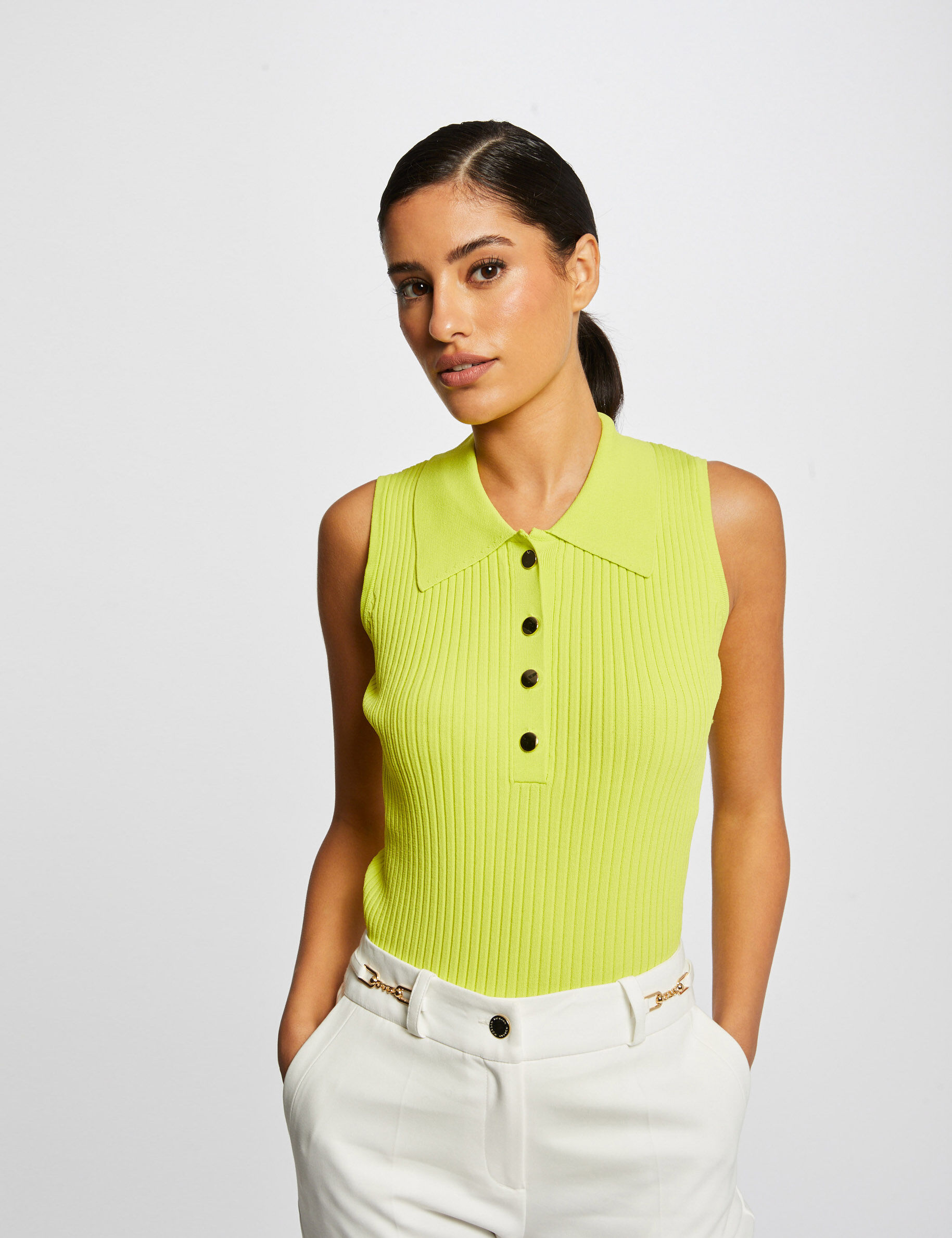 Pull débardeur sans manches col polo anis femme - anis