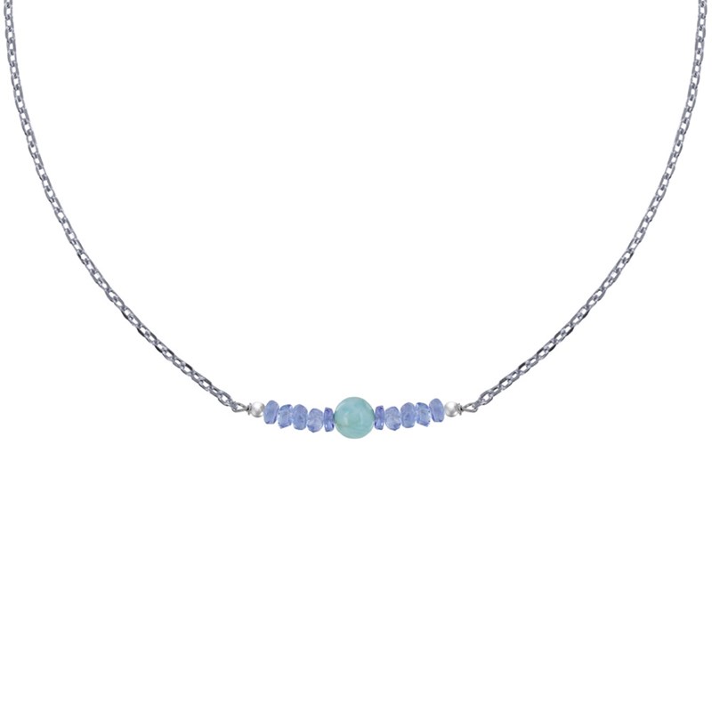 Collier Chaine Argent Rhodié Perles Facettées de Tanzanite et Une Perle de Larimar