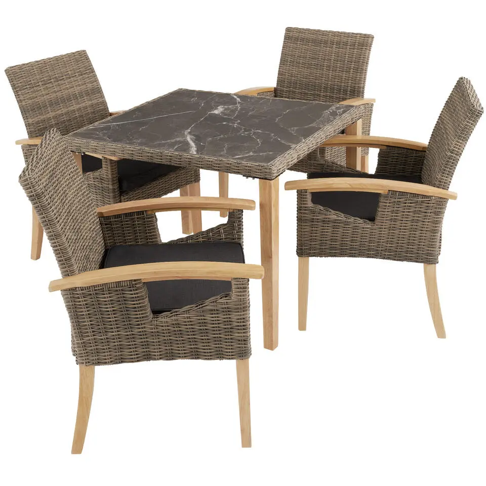 tectake Wicker tafel Tarent met 4 stoelen Rosarno, Natuur