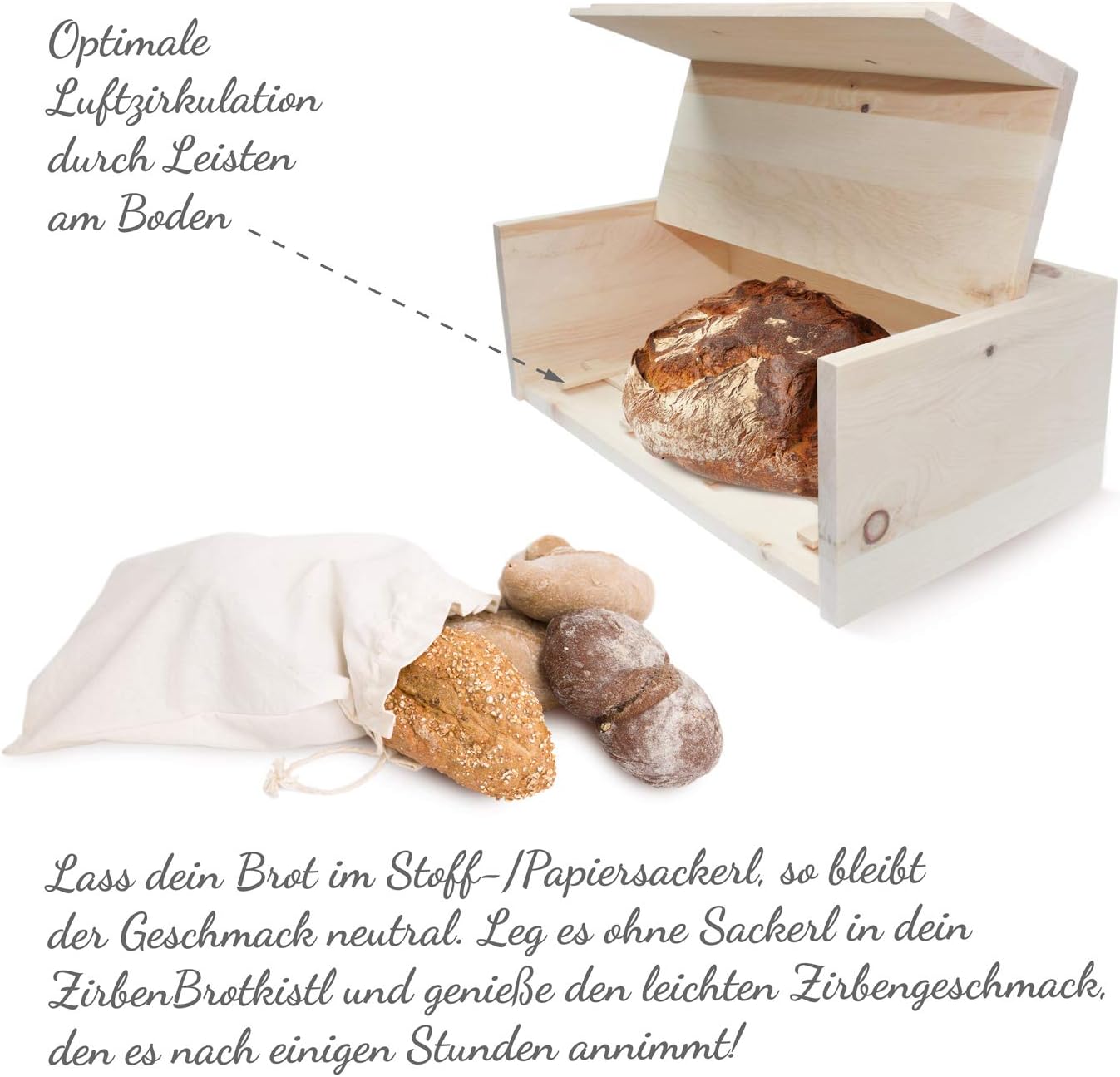 ZirbenFamilie Zirben-Brotkasten • Hygienische Aufbewahrungsbox 45x16x25cm aus duftendem ZirbenHolz • ein Produkt der ZirbenFamilie - bekannt aus dem Fachhandel & der Hotellerie