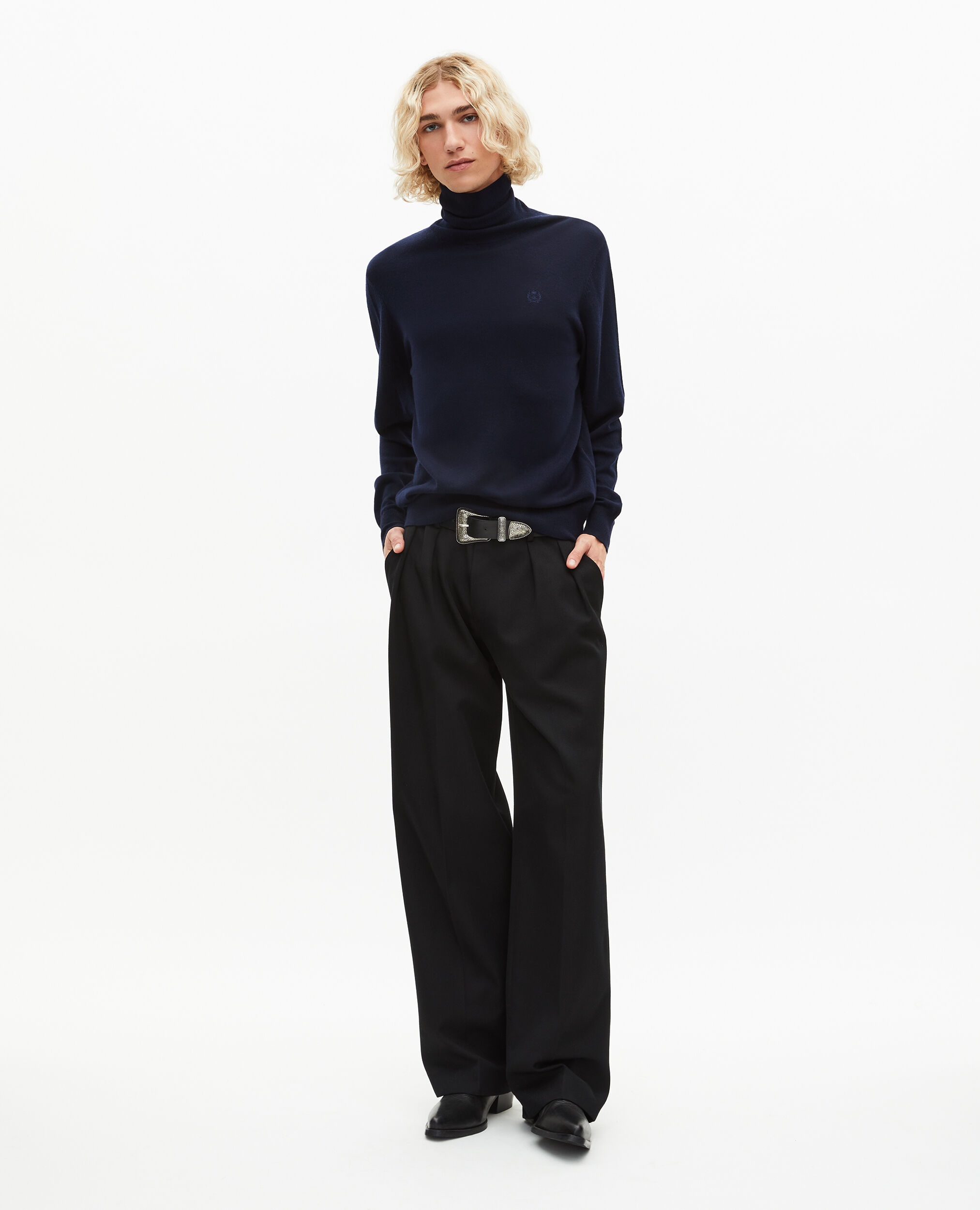 Pull col roulé en laine mérinos marine