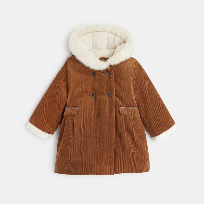 Manteau de ville velours côtelé à capuche marron bébé fille Marron