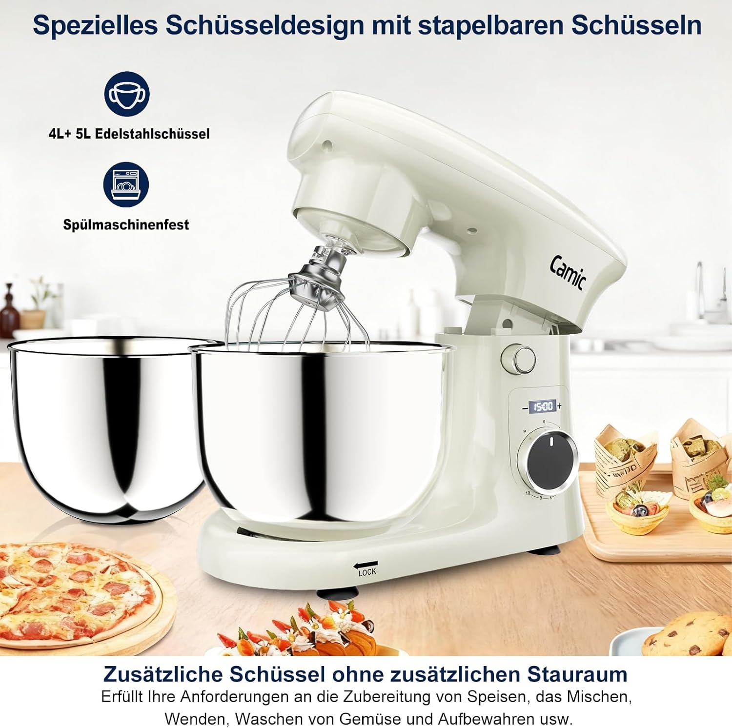 Camic Küchenmaschine mit 3 Zubehörteilen (Knet, Rühr, Schneebesen), Teigmaschine mit LED-Display, Zeit einstellen, 10 Geschwindigkeitsstufen, 2 Edelstahlschüsseln 4L+5L, für Teig, Brot, Pizza, Kuchen