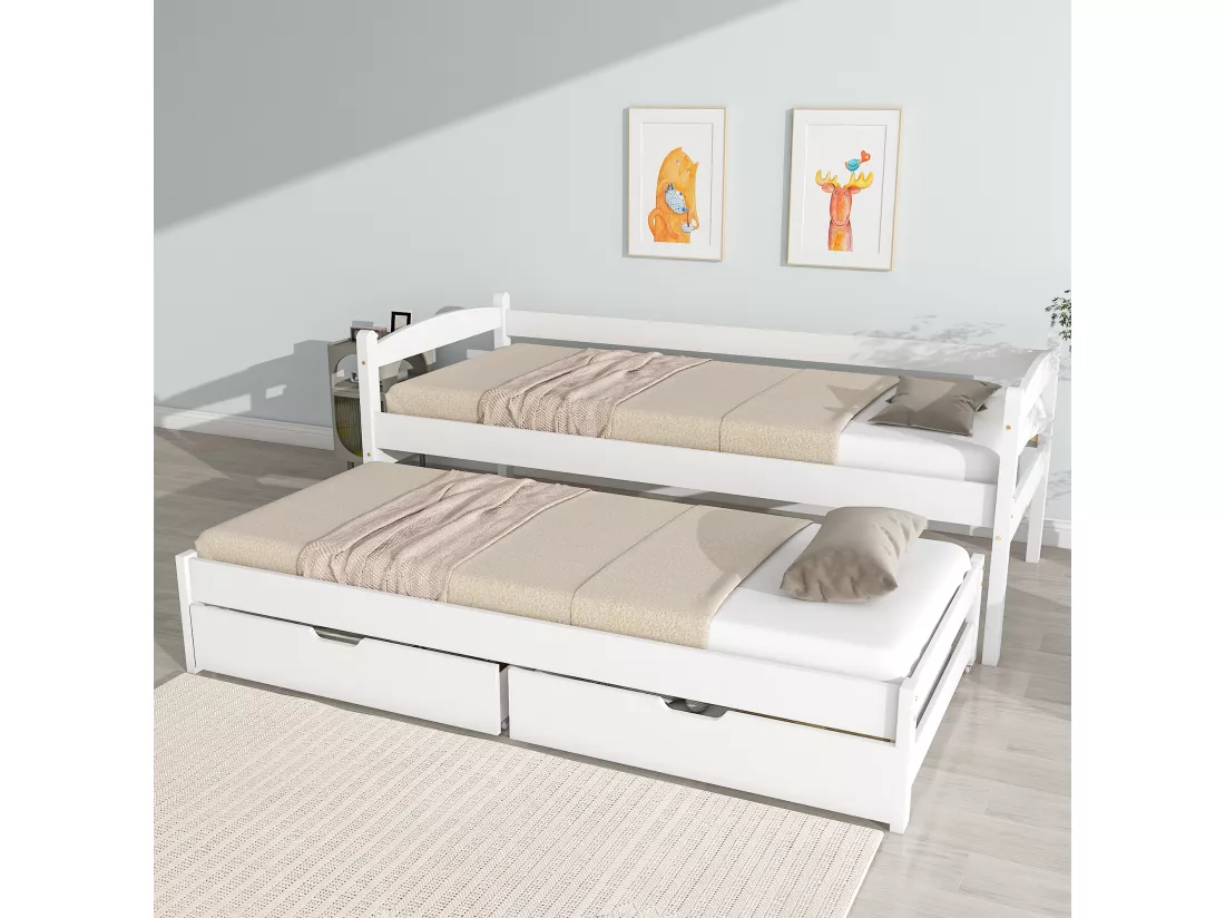 Lit gigogne avec 2 tiroirs - 200x90cm & 190x90cm - bois massif - blanc