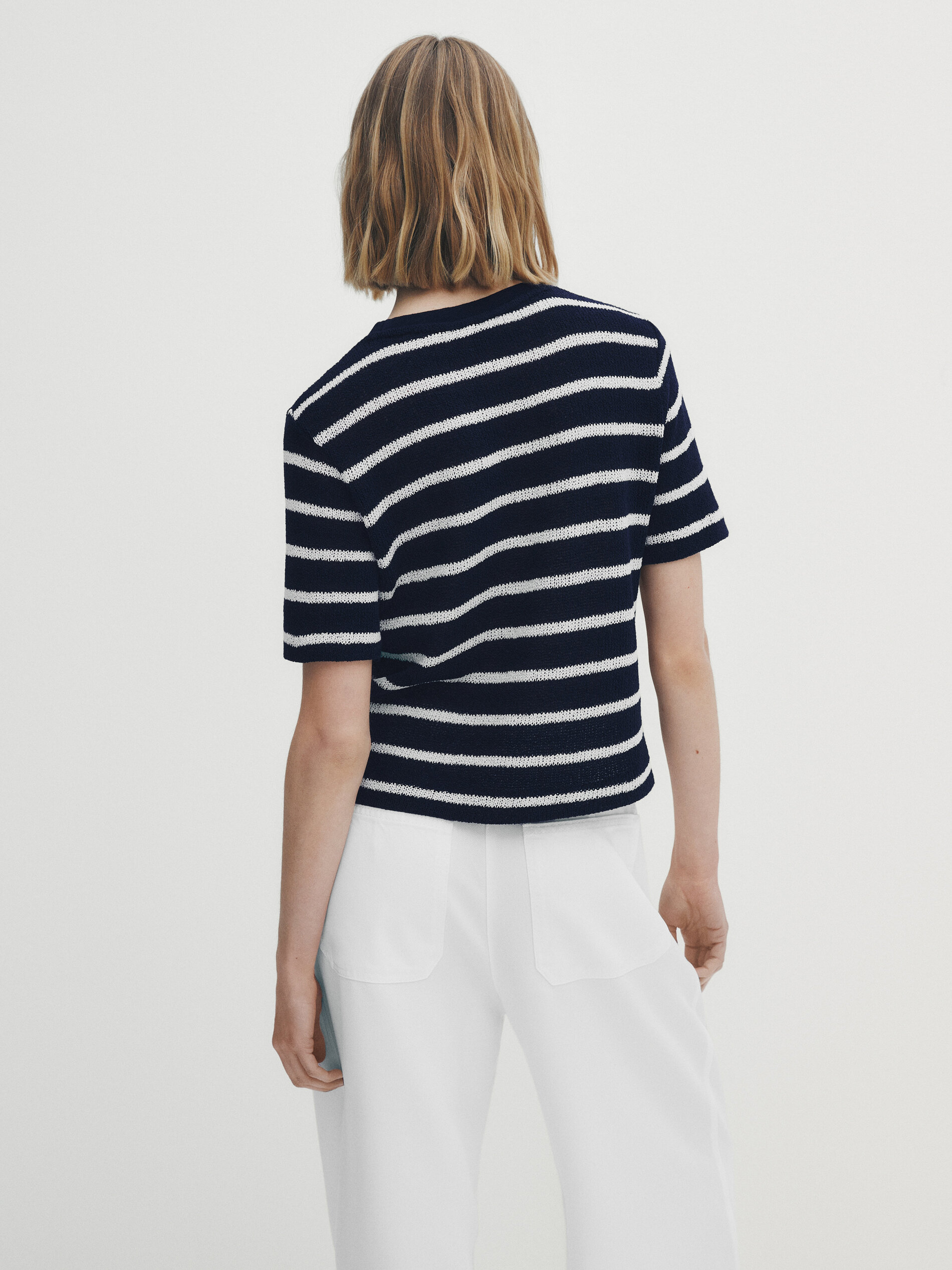 Camiseta listrada texturizada em mistura de algodão - AZUL MARINHO